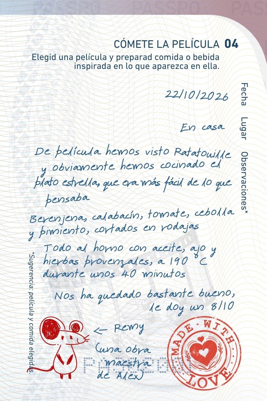 Cómete la película: una página real con notas y recuerdos