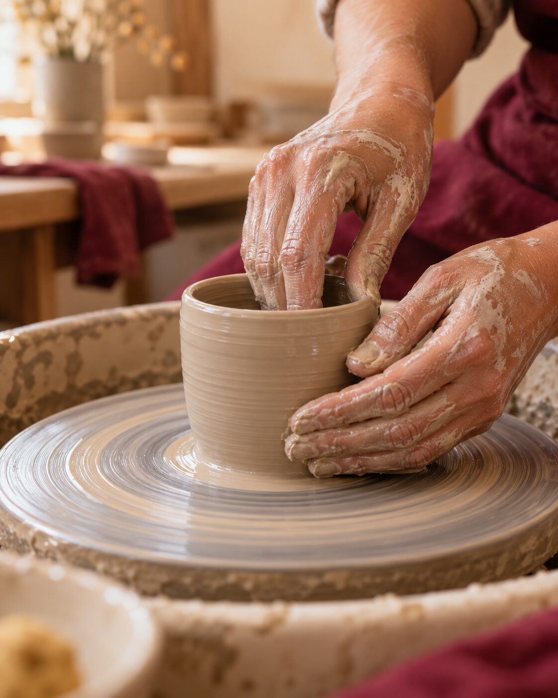 Manos dando forma a una taza en un taller de cerámica.